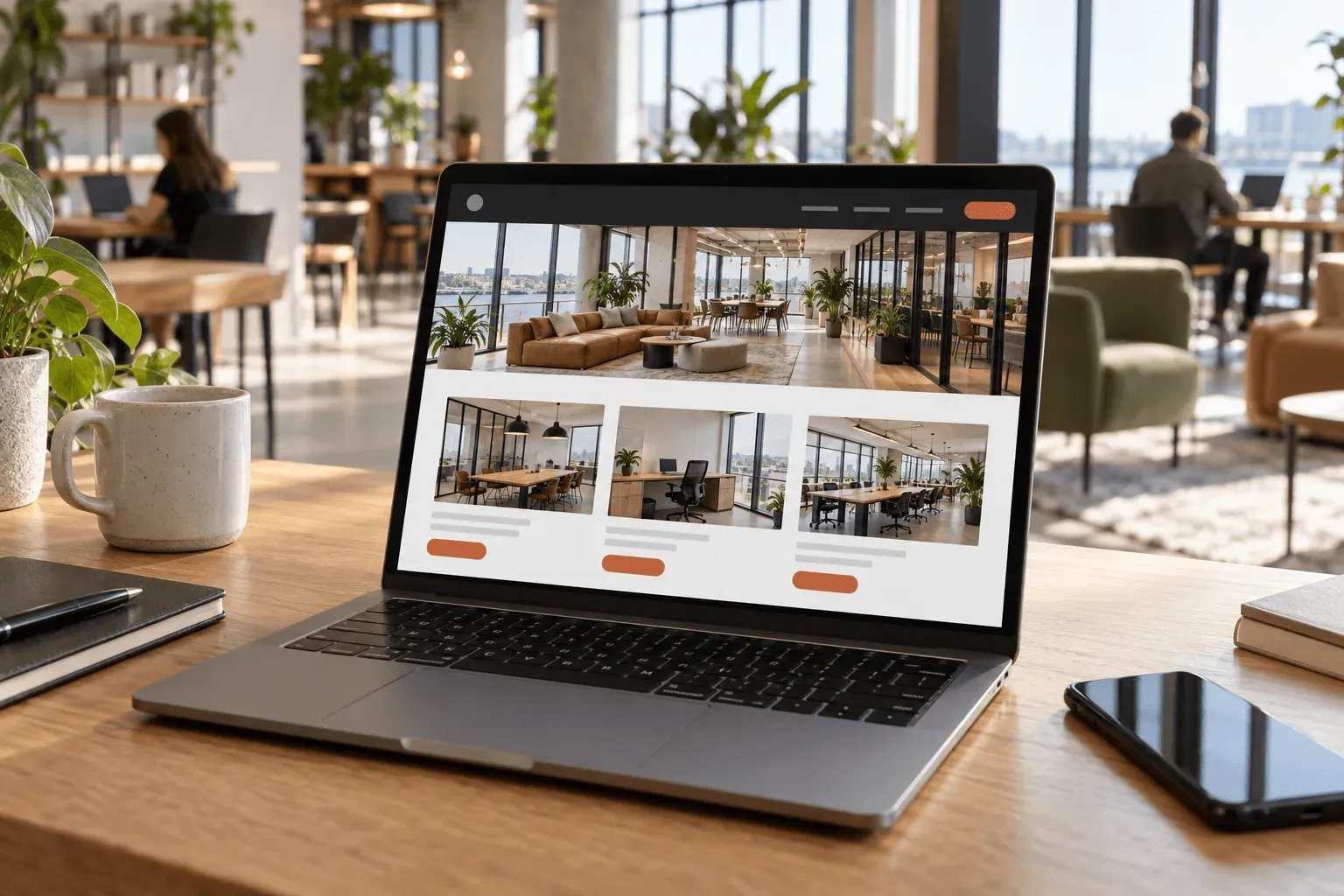 Laptop on a desk in a coworking space showing a workspace website with space listings