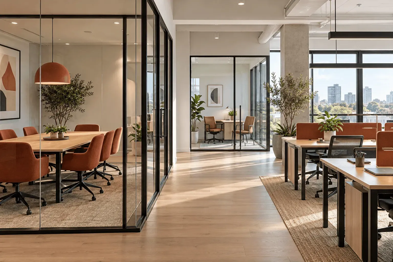 A glazed meeting room, a private office and shared desks on one floor