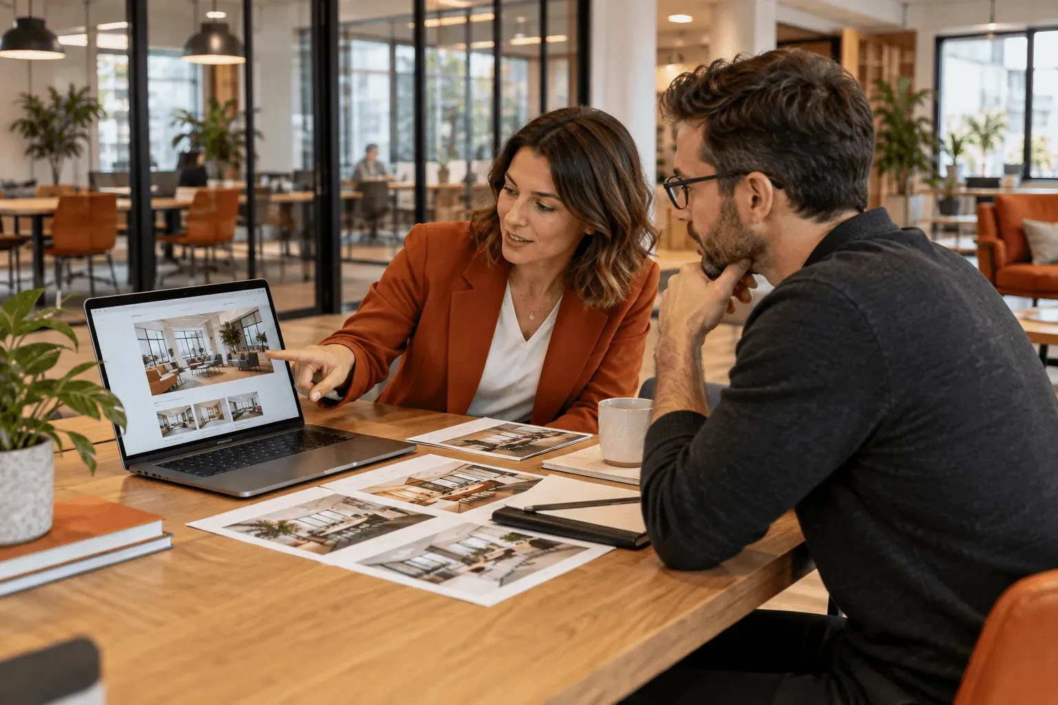Two people reviewing a workspace website and printed page layouts