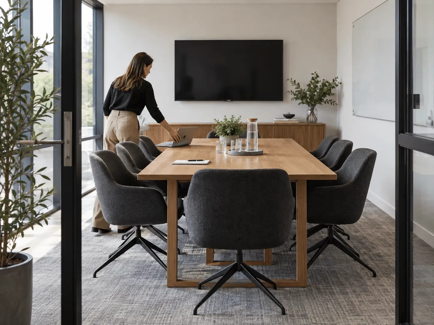 Meeting room with an oak table, upholstered chairs and a wall-mounted display