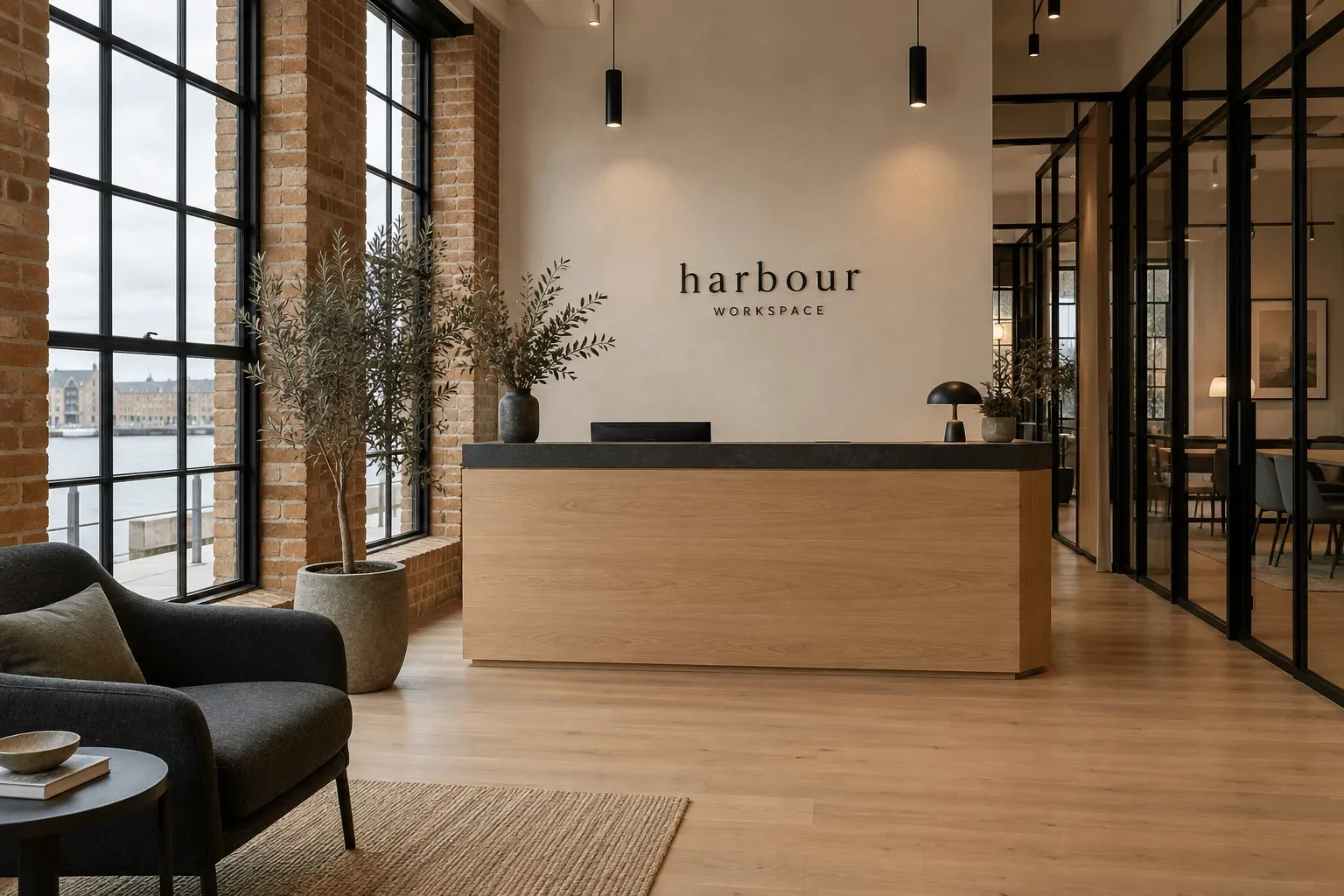 The Harbour reception desk with lounge seating and glazed rooms behind