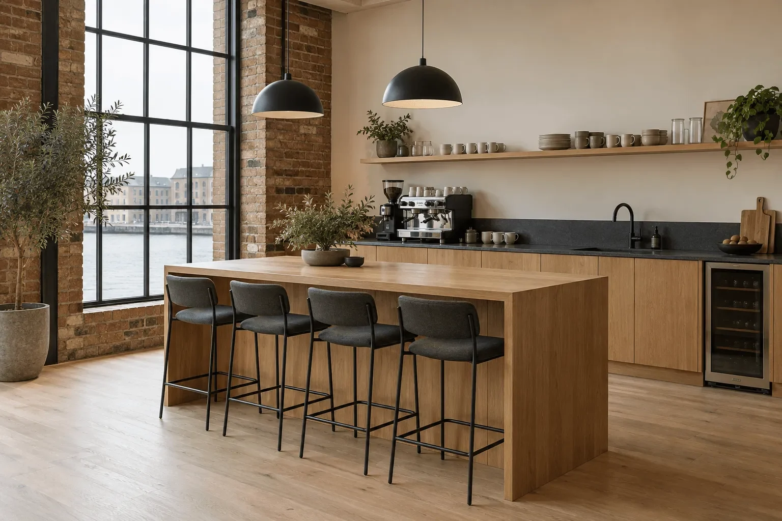 The kitchen with a coffee machine, an oak island and bar stools beside the harbour windows